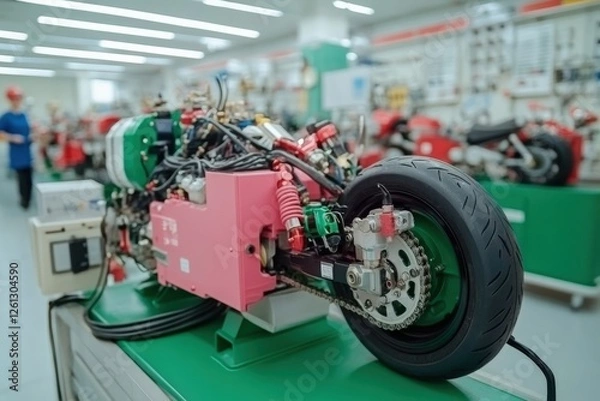 Fototapeta Engine components displayed in a workshop, showcasing intricate design, technology, and engineering, mechanical innovation concept