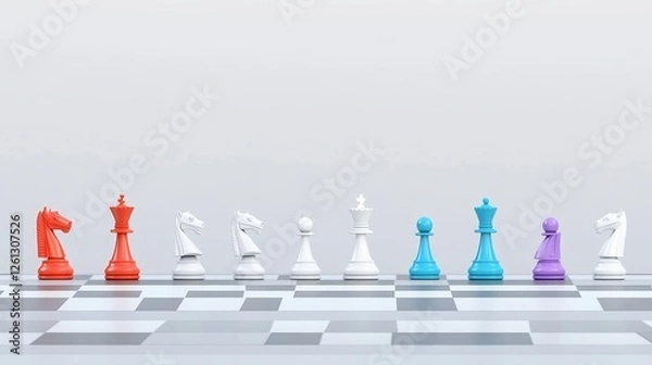 Fototapeta Strategic Chess Game Setup - A conceptual depicting strategy, competition, planning, and leadership through chess pieces on a board. The color-coded pieces symbolize different teams or approaches