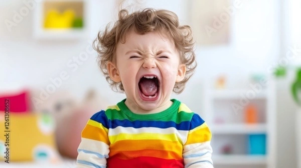 Fototapeta Toddler Temper Tantrum in Bedroom - A young child experiencing a powerful emotional outburst, frustration, defiance, anger, and the need for parental support