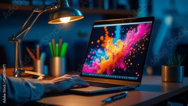 Fototapeta Modern Desk with Digital Design and Cozy Atmosphere For Graphic Designers