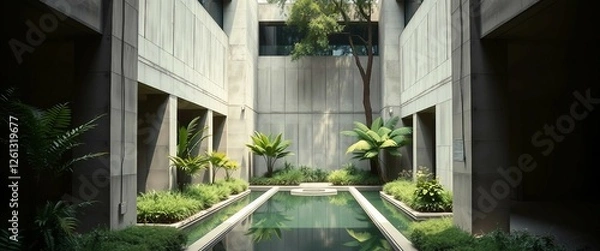 Fototapeta A serene, enclosed brutalist courtyard with tall raw concrete walls, softened by lush greenery and a