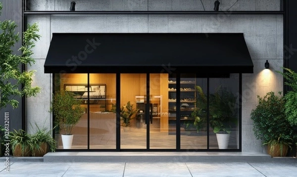 Fototapeta A modern retail space with a black awning and glass doors, appropriate for commercial or retail activities.