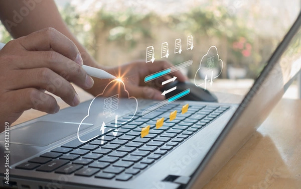 Fototapeta Transfer files data system relocation on cloud system technology concept, access to backup copy data, business document storage, upload and download, archive, share, migration online database with AI.