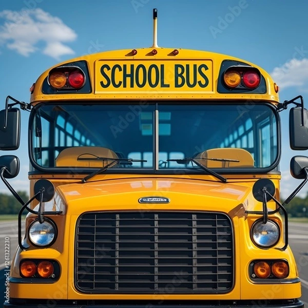 Fototapeta Front View of Traditional Yellow School Bus with 'SCHOOL BUS' Sign and Red Lights