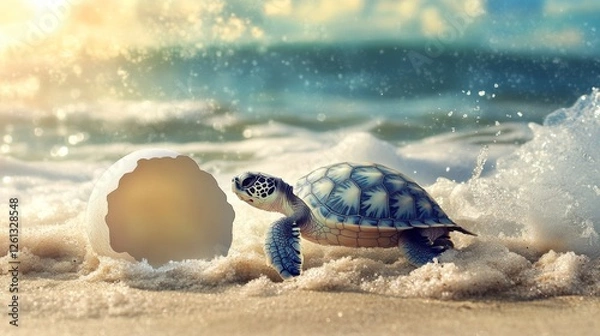 Fototapeta Tiny sea turtle hatching beach nest nature photography ocean environment close-up view new life