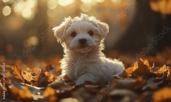 Fototapeta Fluffy puppy sitting in golden autumn leaves, its fur illuminated by the soft glow of sunlight, creating a heartwarming moment of innocence