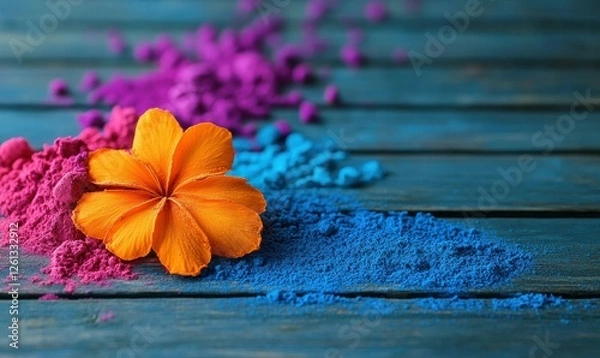Obraz Colorful powders with an orange flower on a wooden surface against a blue background.