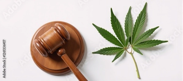 Fototapeta Gavel near pot leaves on a white backdrop signifies legalization and law reform