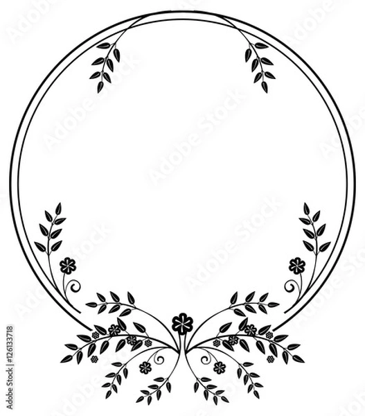Fototapeta Black and white round frame with floral silhouettes. Copy space. Vector clip art