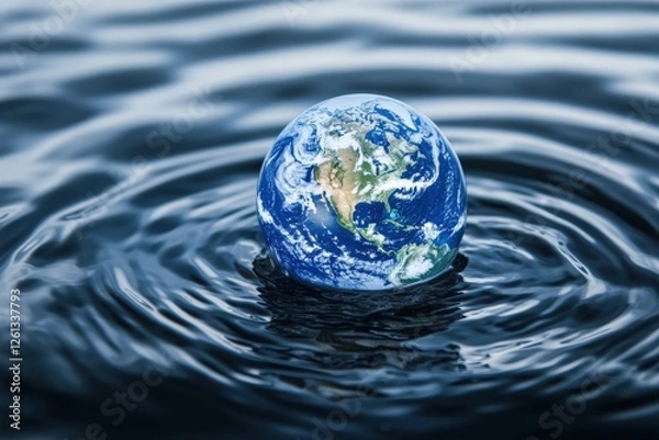 Fototapeta Planet earth floating on water surface generating ripples: environmental conservation concept