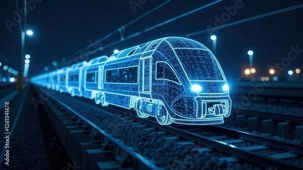 Obraz A wireframe hologram of an electric train on the track, depicted with glowing blue lines and white dots representing its digital structure.. AI