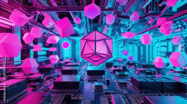 Obraz Futuristic cyberpunk technology. Abstract 3d digital art with neon holographic elements. 3D illustration. Digitally background