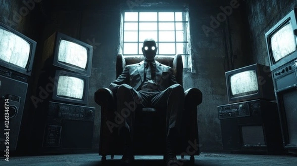 Fototapeta A man is sitting in a chair in front of a television set
