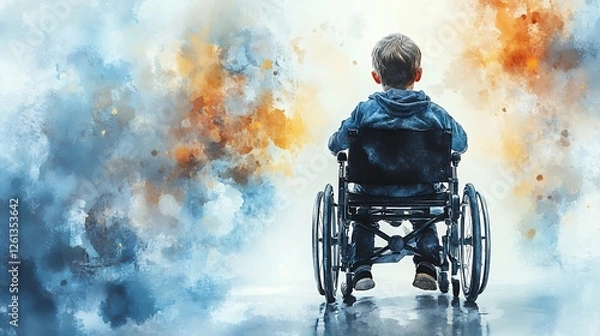 Fototapeta Child Seated in a Wheelchair Gazes at a Colorful Abstract Background, Contemplating Possibilities and Dreams at Sunset