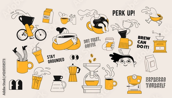 Fototapeta Collection of coffee illustrations and icons. Cafe and coffeeshop design. Concept characters with coffee mugs and utensils. Modern minimalist flat art. Perfect for coffee stores, prints, stickers.