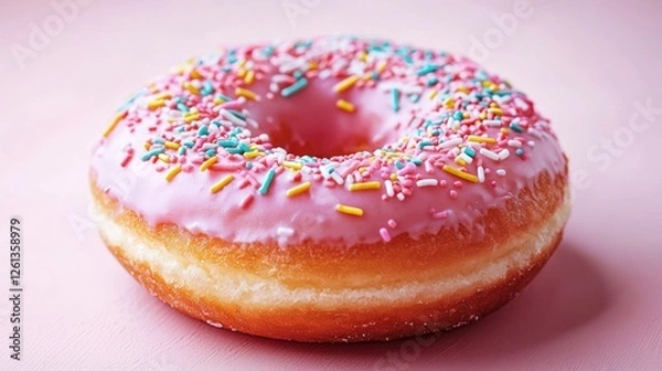 Fototapeta A pink donut adorned with colorful sprinkles, sitting on a soft pink background, evoking a fun and sweet vibe