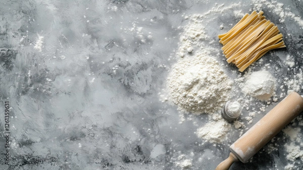 Fototapeta Flat Lay Composition of a Pasta Maker, Rolling Pin, and Scattered Flour on a Clean Gray Surface with Space for Text, Representing Handmade Pasta and Traditional Italian Cooking, Copy Space