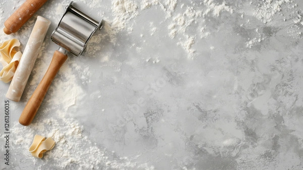 Fototapeta Flat Lay Composition of a Pasta Maker, Rolling Pin, and Scattered Flour on a Clean Gray Surface with Space for Text, Representing Handmade Pasta and Traditional Italian Cooking, Copy Space