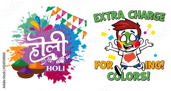 Fototapeta Full shot of two distinct graphic elements.

On the left, a vibrant design celebrating Holi, the Hindu spring festival of colors. The text "Holi" is prominently displayed in a stylized.