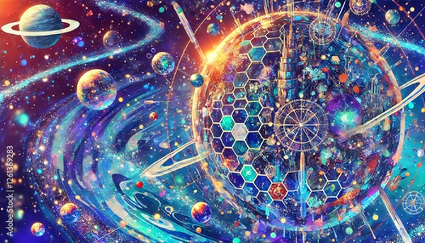 Obraz 幻想的な宇宙都市 – 銀河系の未来都市と惑星群