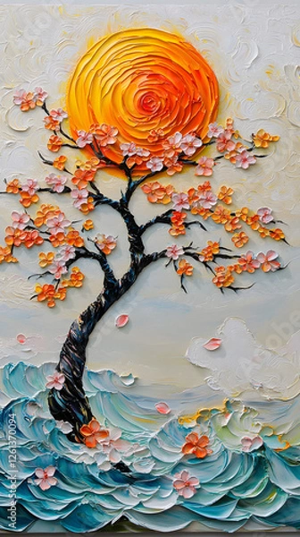 Obraz Oil painting, three-dimensional tree with orange flowers on the top of an abstract sun surrounded by clouds and waves
