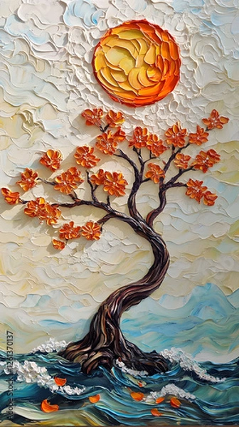 Obraz Oil painting, three-dimensional tree with orange flowers on the top of an abstract sun surrounded by clouds and waves
