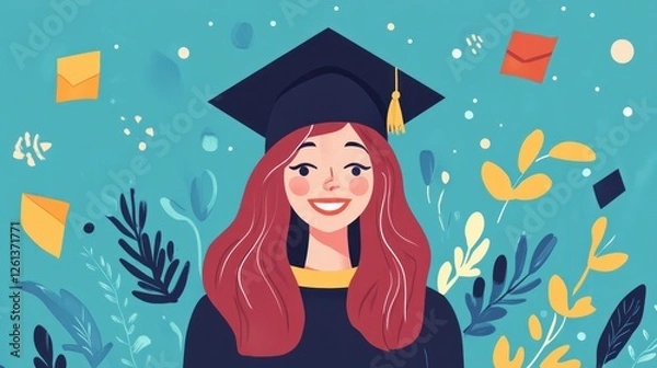 Fototapeta A contented European woman with a graduation cap, signifying academic achievement. AI-generated visuals