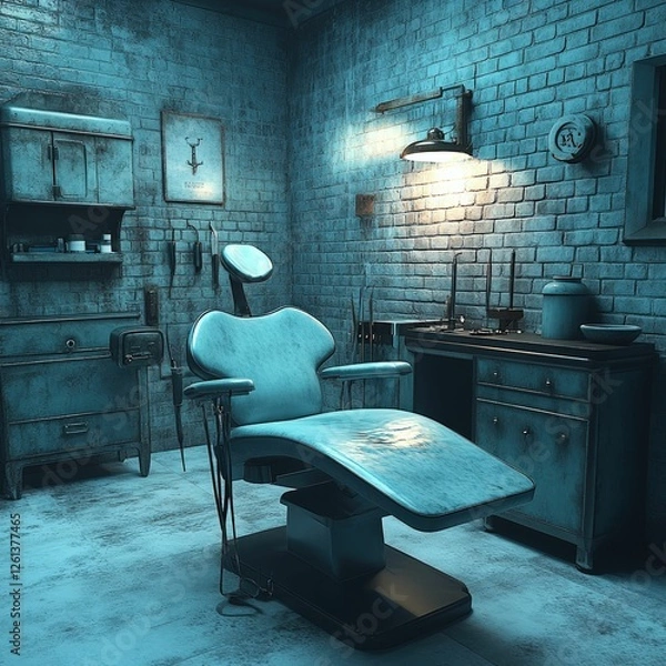 Fototapeta Eerie teal room, vintage dental chair awaits.