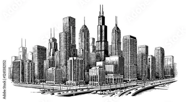 Fototapeta modern city skyline engraving black and white outline
