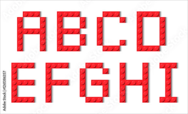 Fototapeta Letters of the alphabet composed of red plastic brick toy blocks. Building bricks font. Vector background illustration