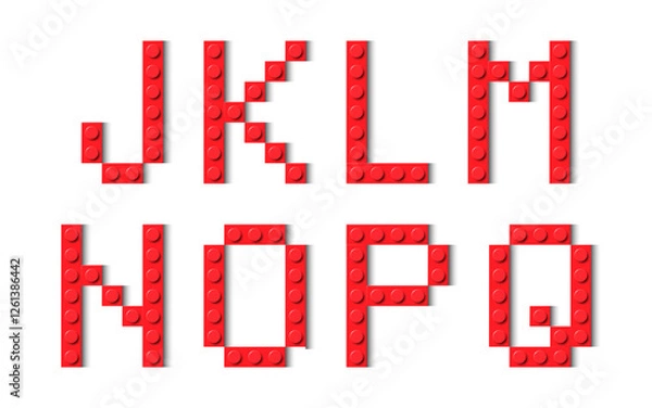 Fototapeta Letters of the alphabet composed of red plastic brick toy blocks. Building bricks font. Vector background illustration