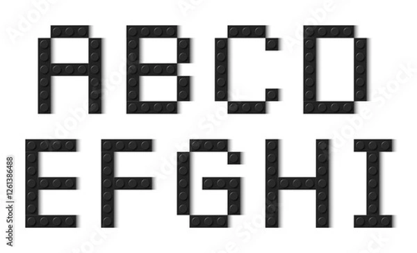 Fototapeta Letters of the alphabet composed of black plastic brick toy blocks on white background. Building bricks font. Vector background illustration