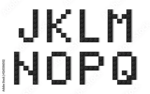 Fototapeta Letters of the alphabet composed of black plastic brick toy blocks on white background. Building bricks font. Vector background illustration