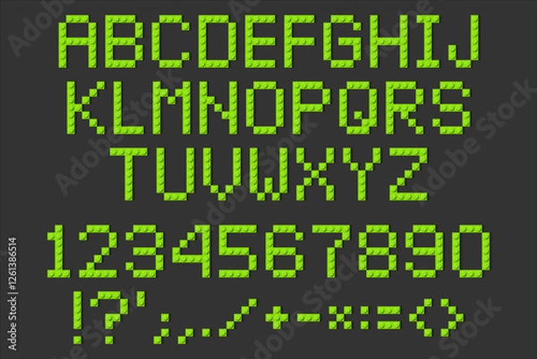 Fototapeta Letters and numbers from green building brick toy blocks. Colourful alphabet isolated on grey background. Building bricks font.