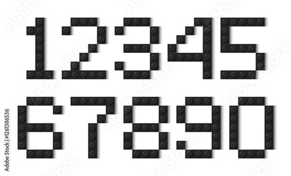 Fototapeta Numbers composed of black plastic brick toy blocks on white background. Building bricks font. Vector background illustration