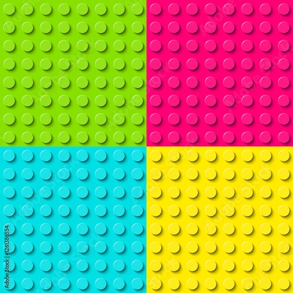 Fototapeta Plastic construction plate. Green, pink, blue and yellow plastic toy block background. Vector seamless pattern