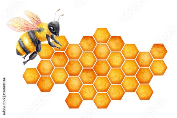 Fototapeta World Bee Day. Honeycomb watercolor drawing with bee. Concept save the bees and ecology and ecosystem.