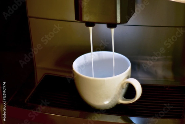 Fototapeta Turquoise cup pouring with two jets of hot coffee from beige espresso coffee machine pump. Close-up of coffeemaker. Coffee latte preparation.