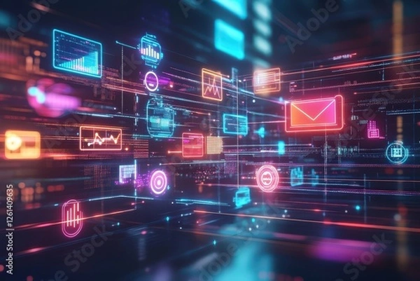 Obraz Abstract futuristic digital technology background with glowing media icons and marketing analytics, symbolizing modern online advertising, social networking, and data-driven branding