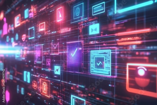Fototapeta Digital marketing strategy with futuristic user interface, glowing analytics, and multimedia content icons, representing internet engagement, branding, and data-driven online advertising