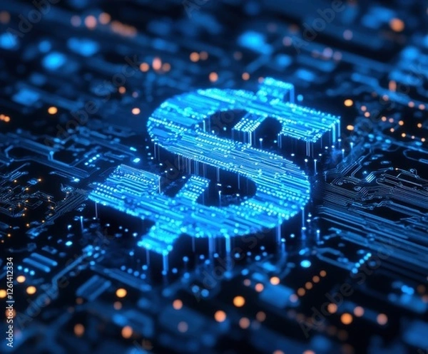 Fototapeta Digital Dollar Symbol Illuminated on Circuit Board Background Representing Modern Finance and Technology Integration in a High-Tech Environment