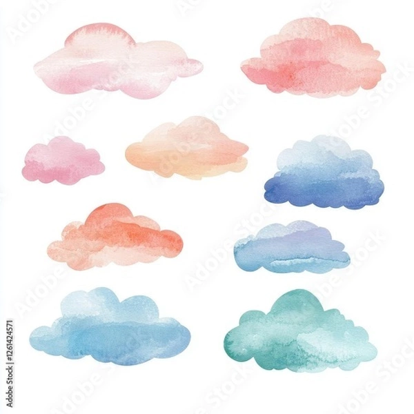 Fototapeta Set of Watercolor-Painted Clouds Isolated on White Background for Creative Design Projects