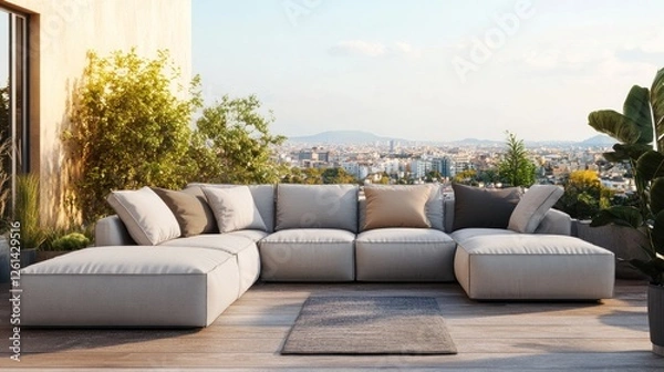 Fototapeta Elegant modular sofa on a rooftop terrace overlooking a distant cityscape