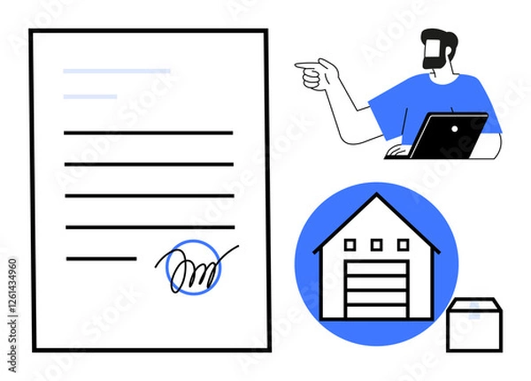Fototapeta Man with laptop pointing, document with signature, warehouse icon, and package. Ideal for logistics, e-commerce, remote work, contracts, document management warehouse operations business strategy
