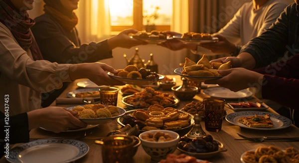 Obraz Warm golden sunset light illuminates a festive family gathering sharing delicious traditional middle eastern sweets and on transparent background eid