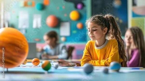 Fototapeta Engrossed students exploring universe with planets models in classroom