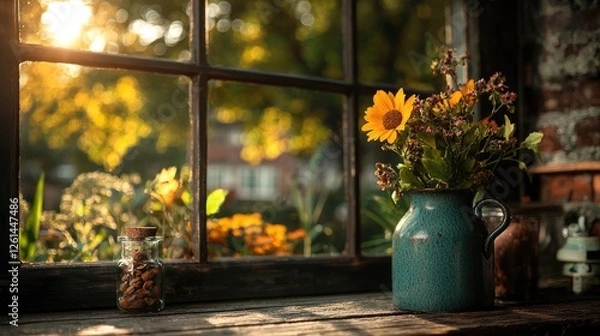 Fototapeta Autumn flowers in vase on windowsill, garden view