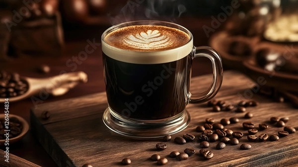 Fototapeta A vibrant and detailed image of a steaming cup of coffee placed on a rustic wooden table