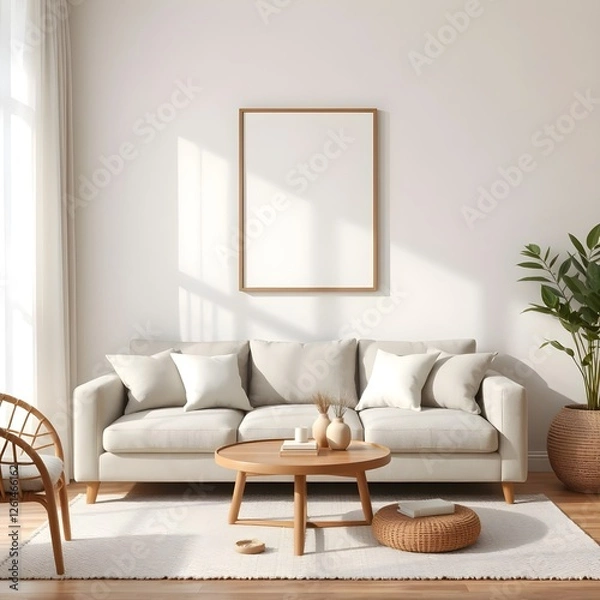 Obraz empty frame mockup above scandinavian style sofa with linen cushions, wooden furniture, modern nordic decor, and soft neutral color scheme
