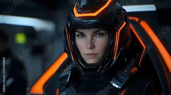 Fototapeta Futuristic Female Portrait in High-Tech Helmet with Orange Accents